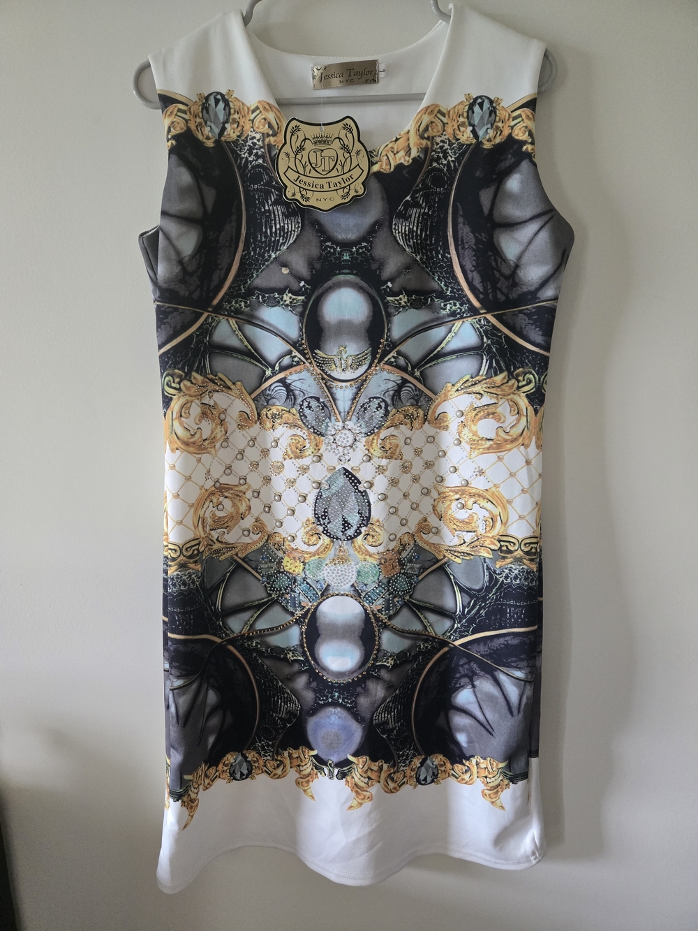 Jessica Taylor Baroque Print Sleeveless Mini Sheat Dress Size L NWT